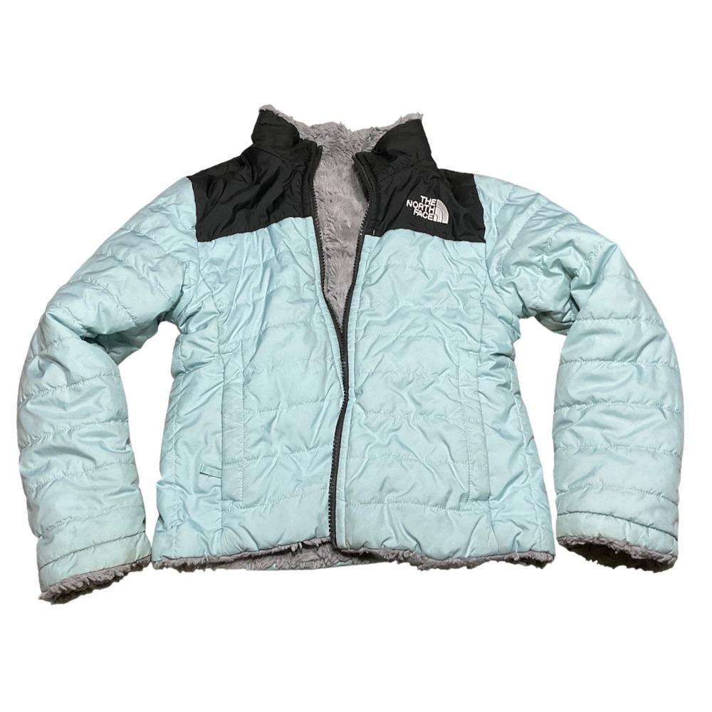 The North Face Reversible Mossbud Swirl Jacket Blue Grey Girls XS 6 Fleece Puff
